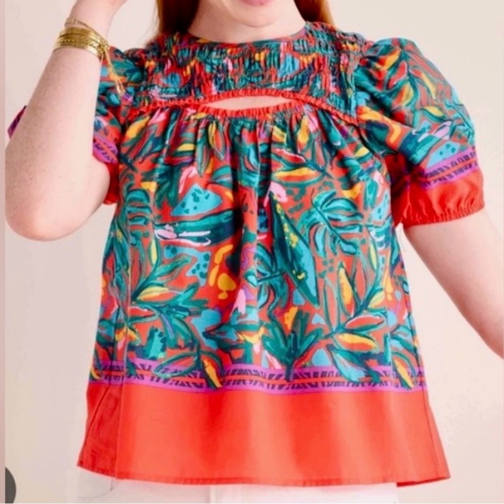 Pinch Teal & Coral Tropical Smocked Puff-Sleeve Blouse